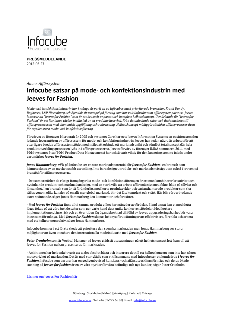 Infocube satsar på mode- och konfektionsindustrin med Jeeves for Fashion