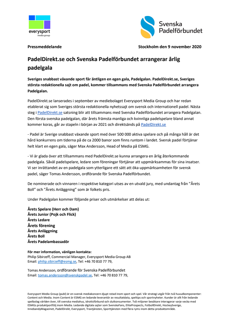 PadelDirekt.se och Svenska Padelförbundet arrangerar årlig padelgala