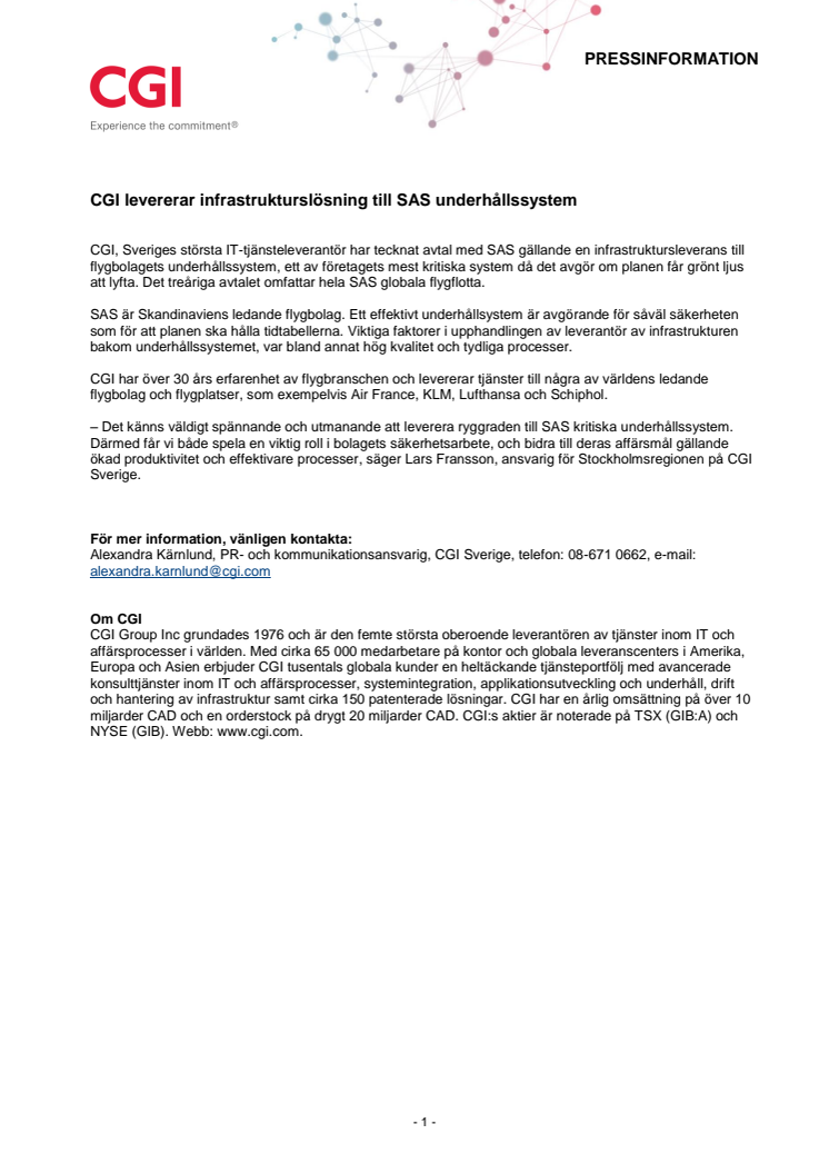 CGI levererar infrastrukturslösning till SAS underhållssystem