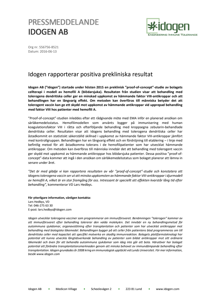 Idogen rapporterar positiva prekliniska resultat 