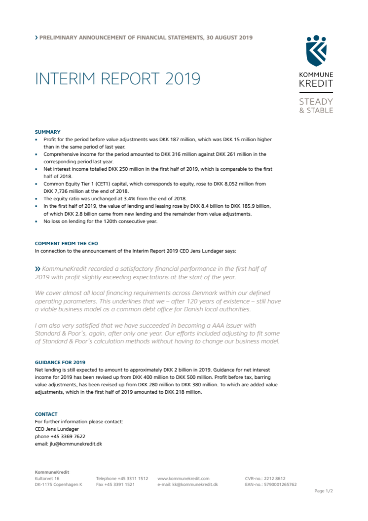 KommuneKredit announces Interim Report 2019