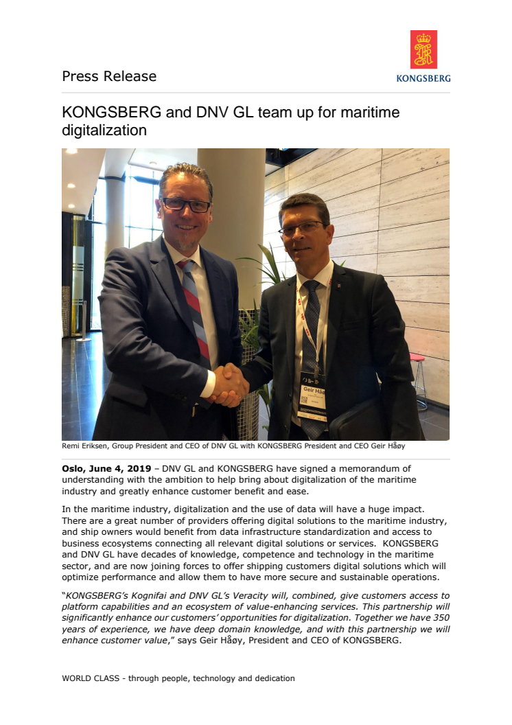 KONGSBERG and DNV GL team up for maritime digitalization