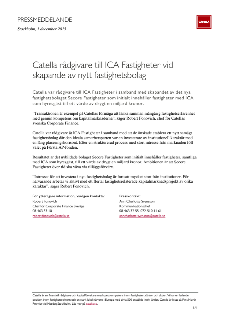 Catella rådgivare till ICA Fastigheter vid skapande av nytt fastighetsbolag