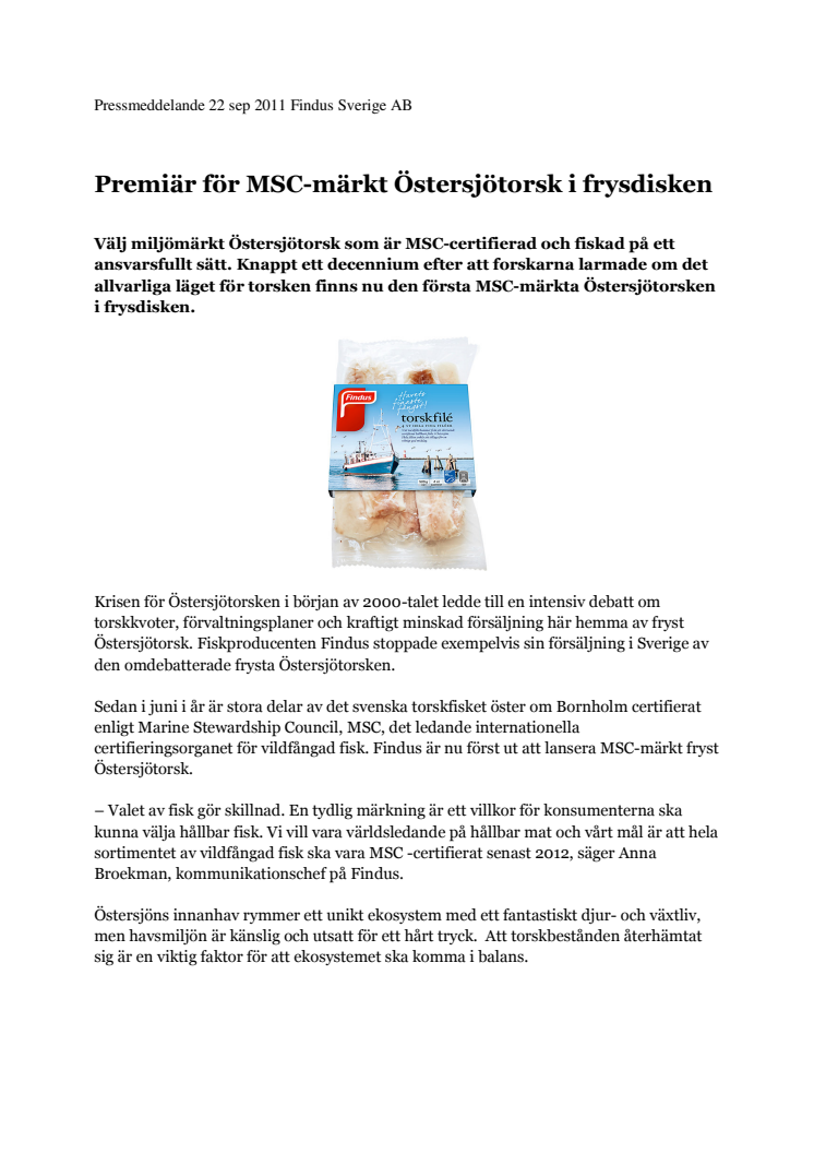 Premiär för MSC-märkt Östersjötorsk i frysdisken 
