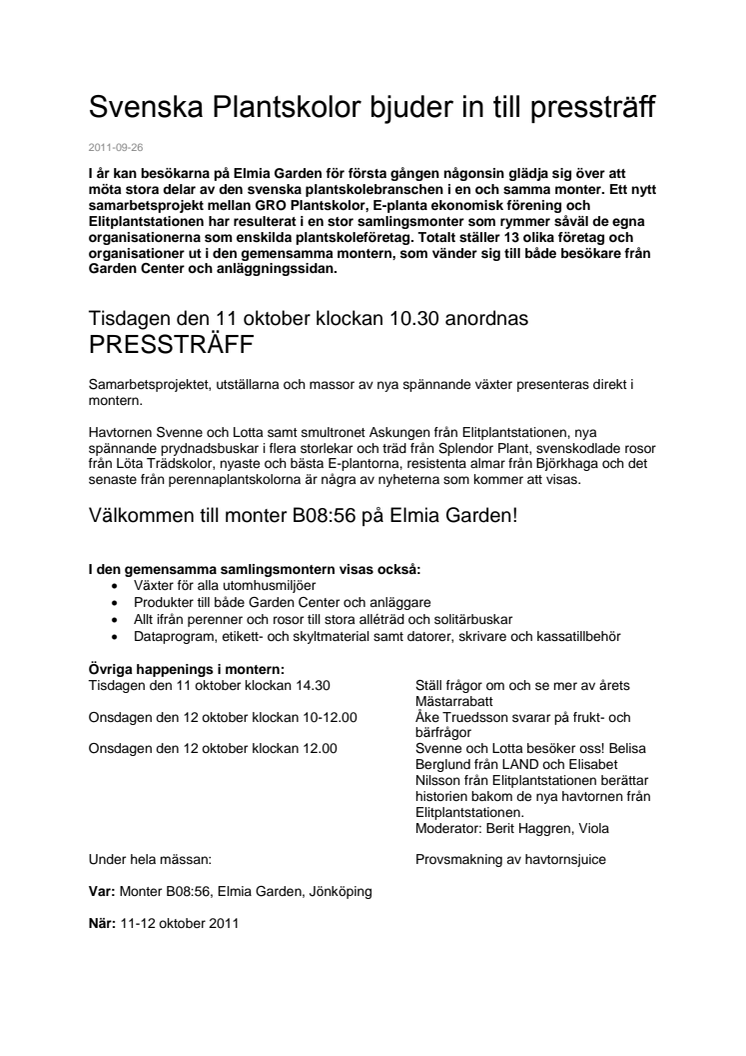 Svenska Plantskolor bjuder in till pressträff