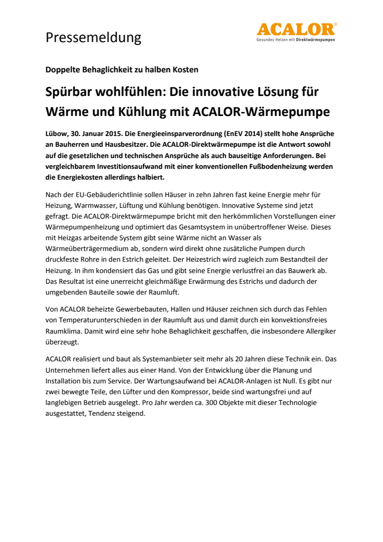 Spürbar wohlfühlen: Die innovative Lösung für Wärme und Kühlung mit ACALOR-Wärmepumpe