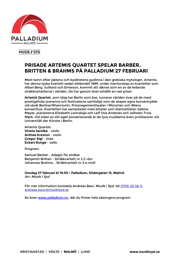 Prisade Artemis Quartet spelar Barber, Britten & Brahms på Palladium Malmö 27 februari