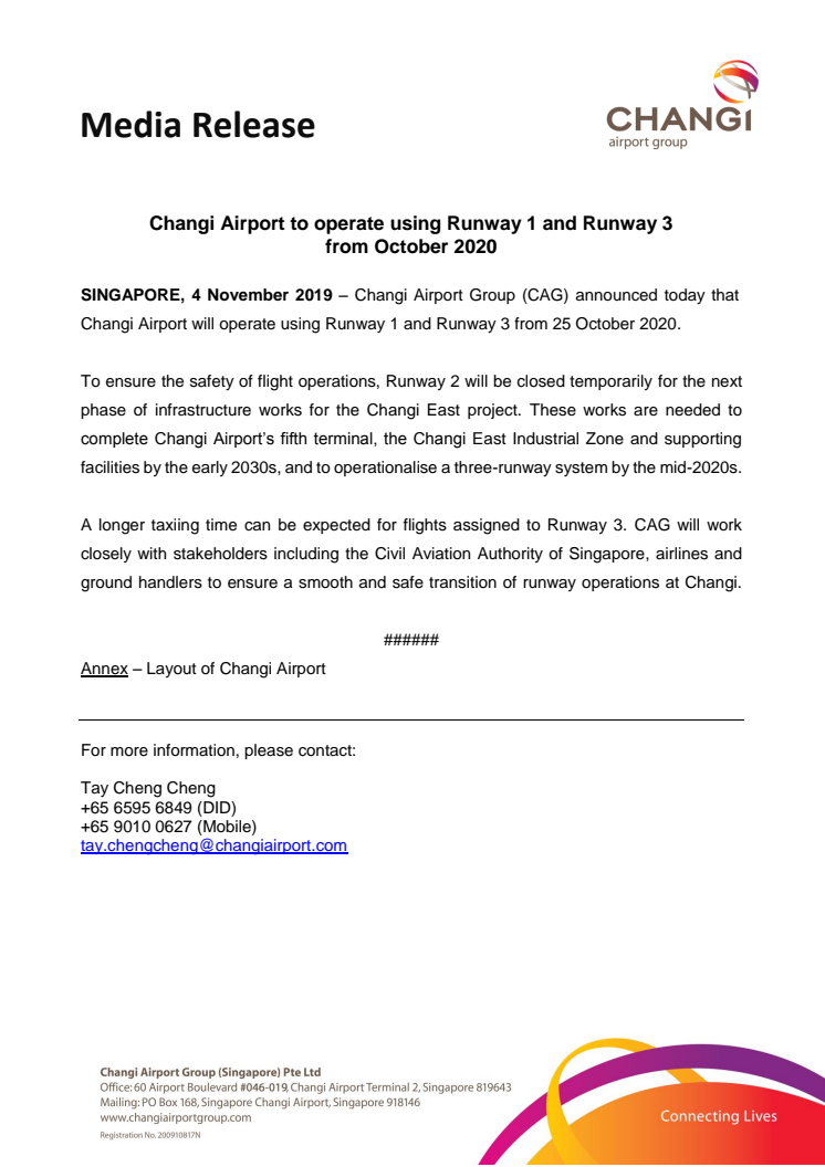 Changi Airport to operate using Runway 1 and Runway 3  from October 2020