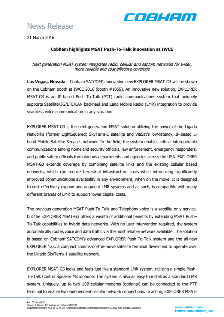 Cobham SATCOM: Cobham Highlights MSAT Push-to-Talk Innovation at IWCE