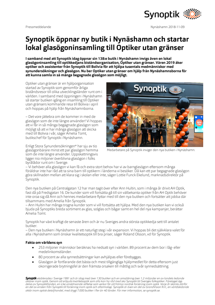 Synoptik öppnar ny butik i Nynäshamn och startar  lokal glasögoninsamling till Optiker utan gränser