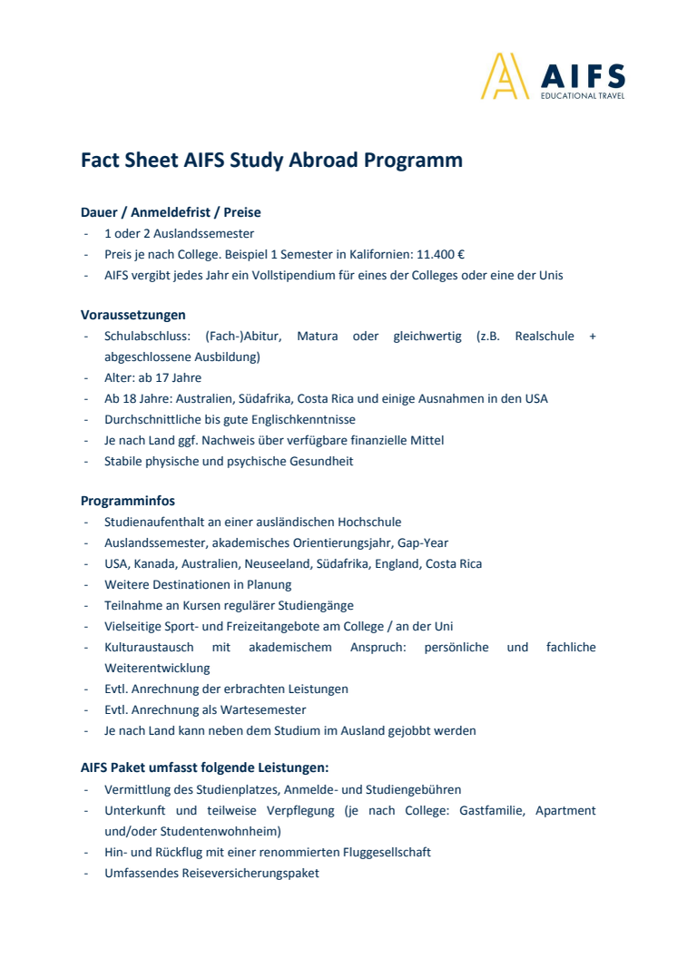 AIFS Fact Sheet zum AIFS Study Abroad Programm 