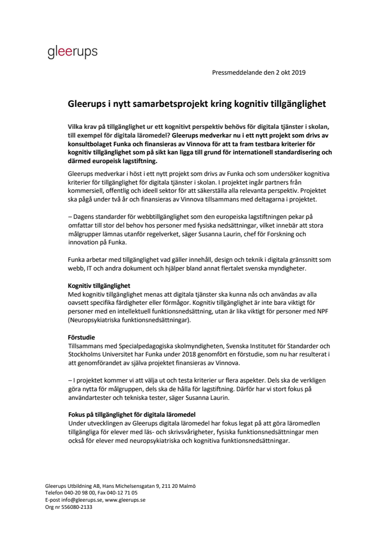 ​Gleerups i nytt samarbetsprojekt kring kognitiv tillgänglighet