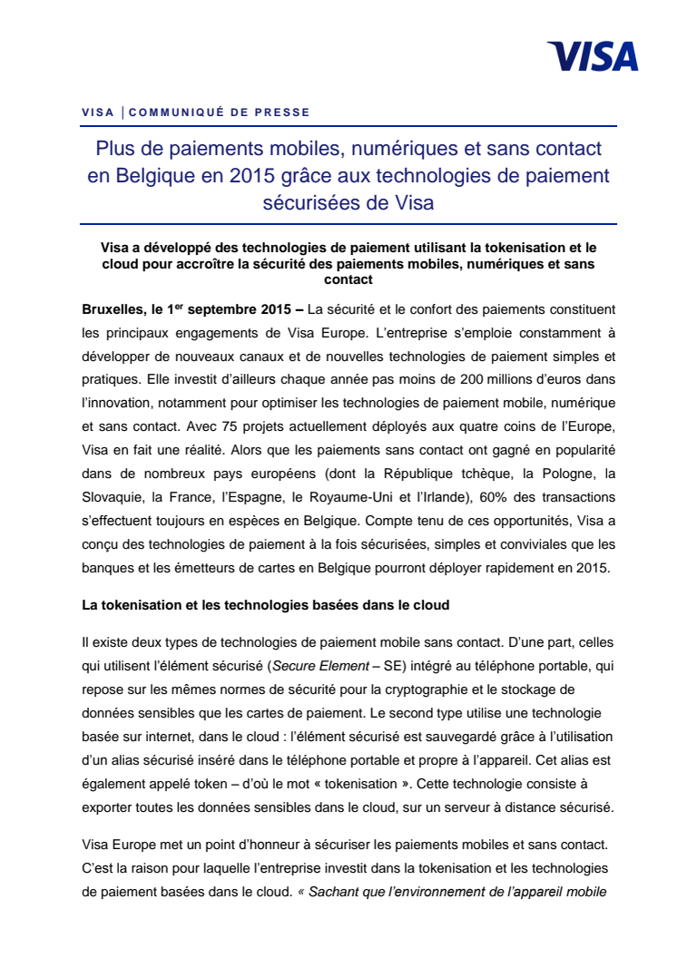 Plus de paiements mobiles, numériques et sans contact en Belgique en 2015 grâce aux technologies de paiement sécurisées de Visa