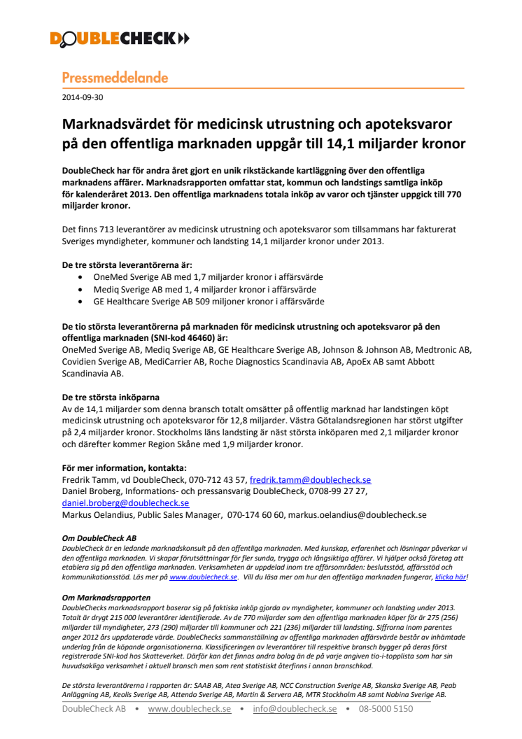 Marknadsvärdet för medicinsk utrustning och apoteksvaror  på den offentliga marknaden uppgår till 14,1 miljarder kronor