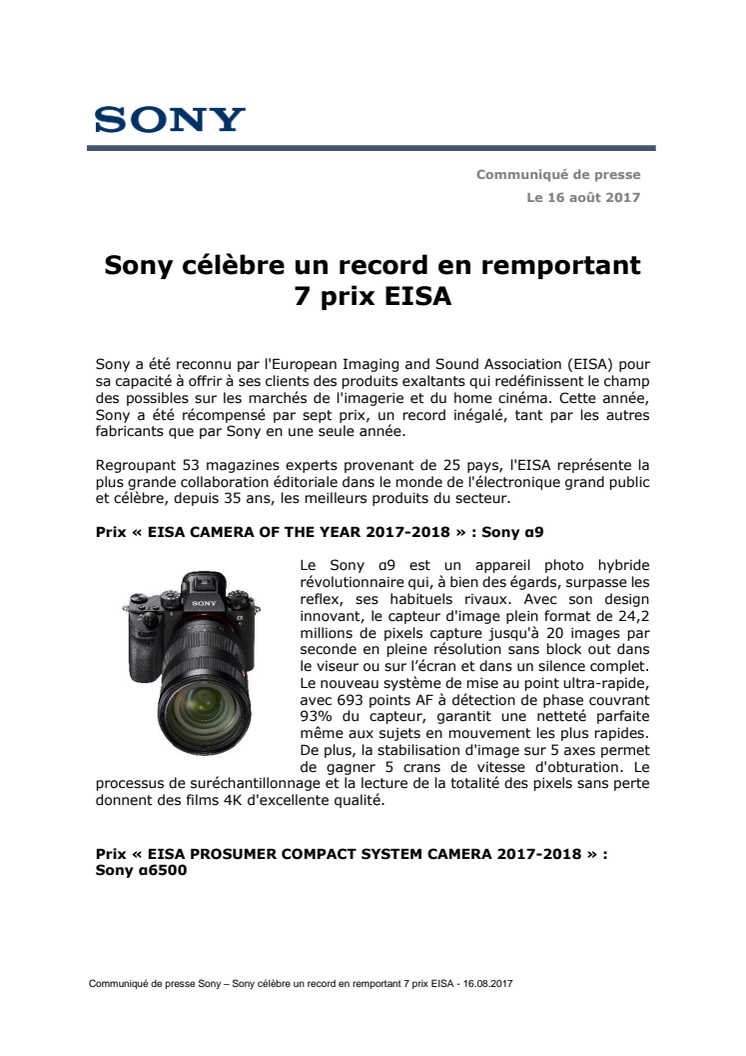 Sony célèbre un record en remportant 7 prix EISA