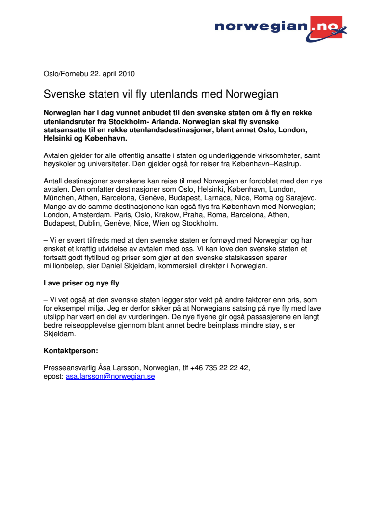 Svenske staten vil fly utenlands med Norwegian 
