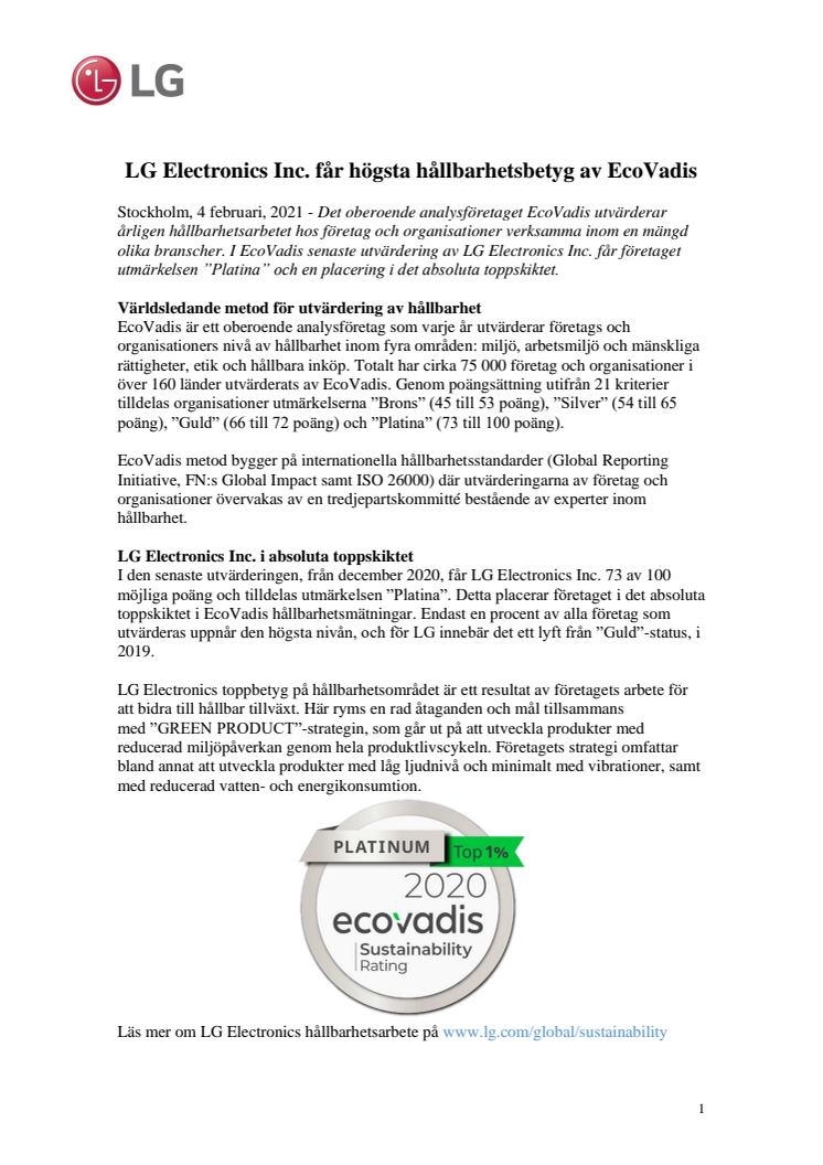 LG Electronics Inc. får högsta hållbarhetsbetyg av EcoVadis