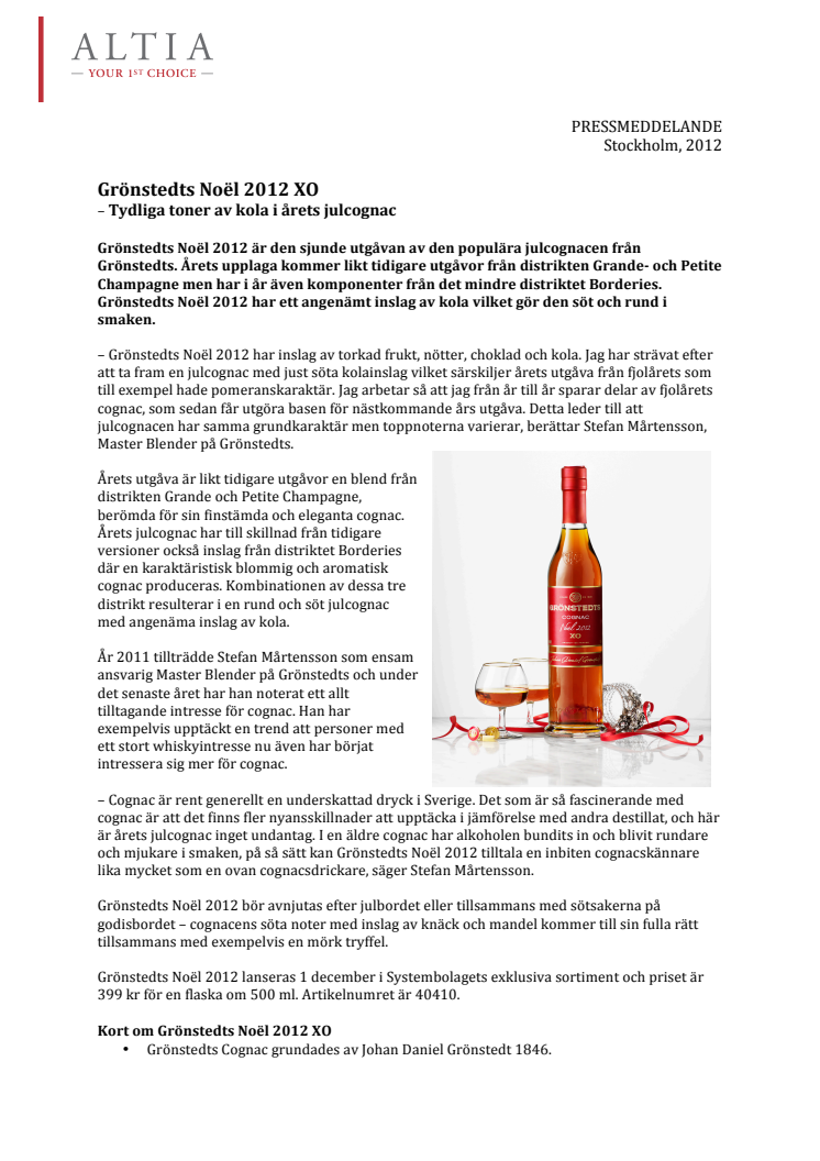 Grönstedts Noël 2012 XO - tydliga toner av kola i årets julcognac 