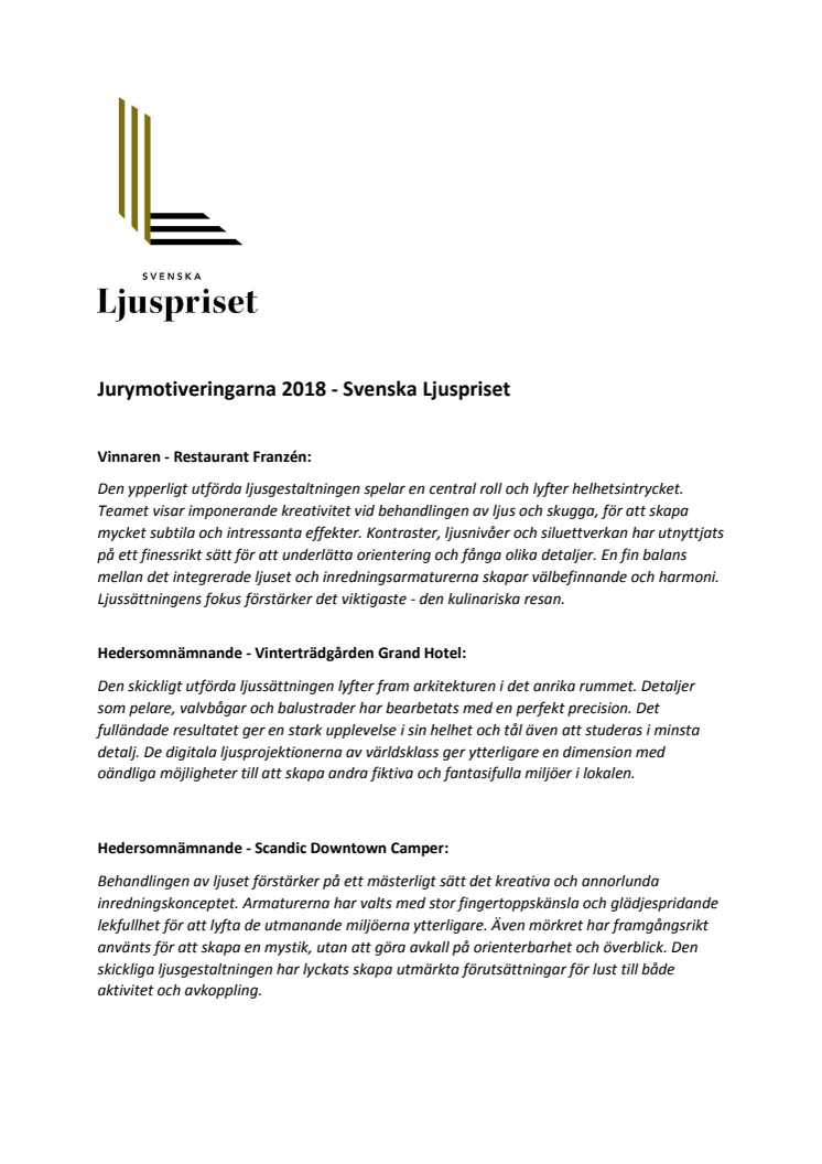 Jurymotiveringarna för årets Svenska Ljuspriset-vinnare och hedersomnämnanden