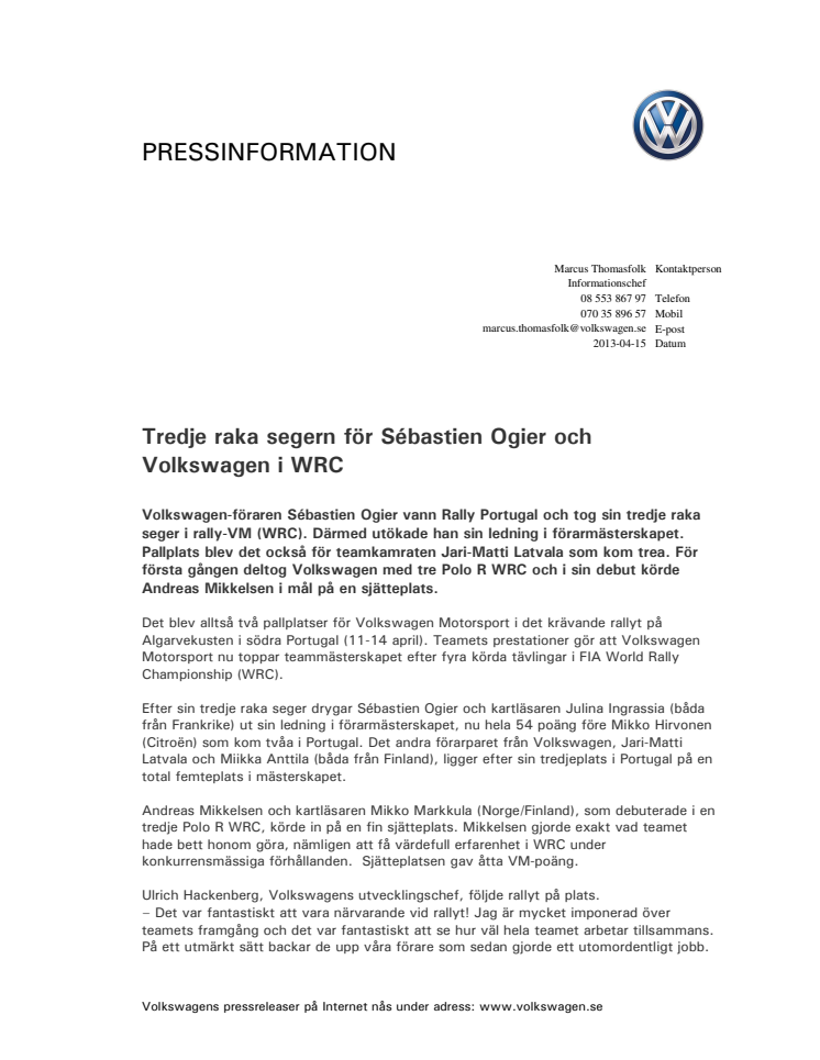 Tredje raka segern för Sébastien Ogier och Volkswagen i WRC