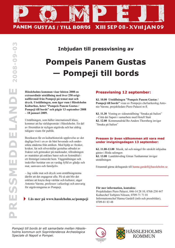 Inbjudan till pressvisning av Pompeis Panem Gustas / Pompeji till bords