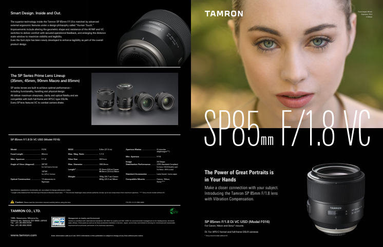 Tamron SP 85mm F/1.8 Di VC USD, datablad