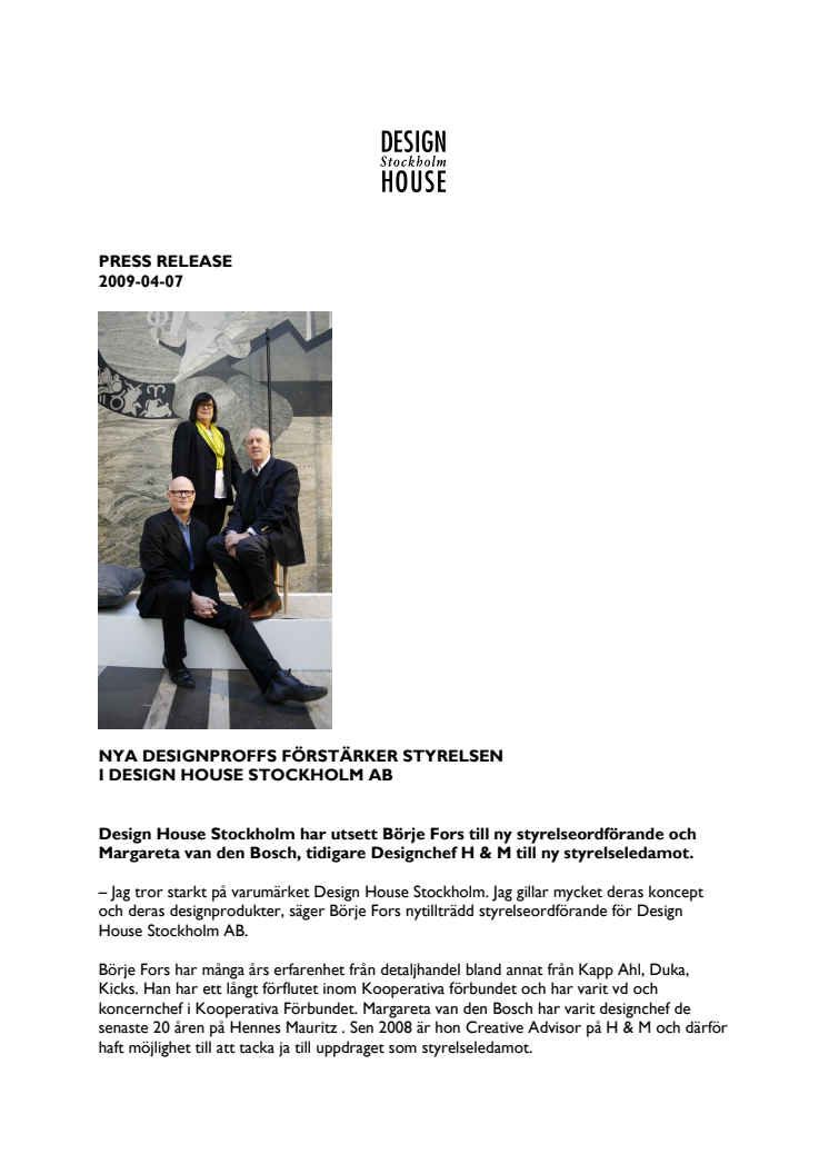 Nya designproffs förstärker styrelsen i Design House Stockholm AB