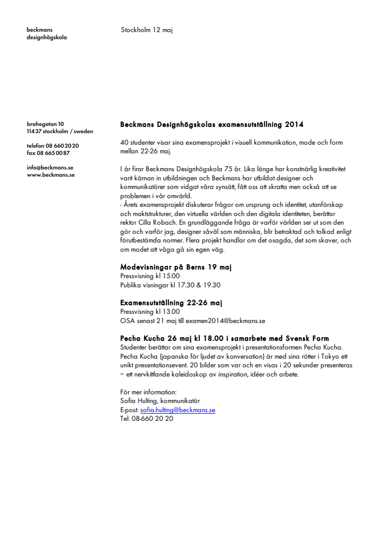 Beckmans Designhögskolas examensutställning 2014