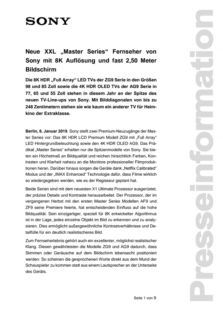 Neue XXL „Master Series“ Fernseher von Sony mit 8K Auflösung und fast 2,50 Meter Bildschirm