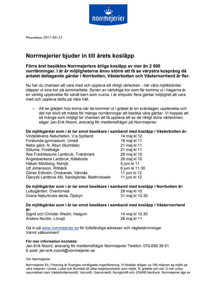 Norrmejerier bjuder in till årets kosläpp