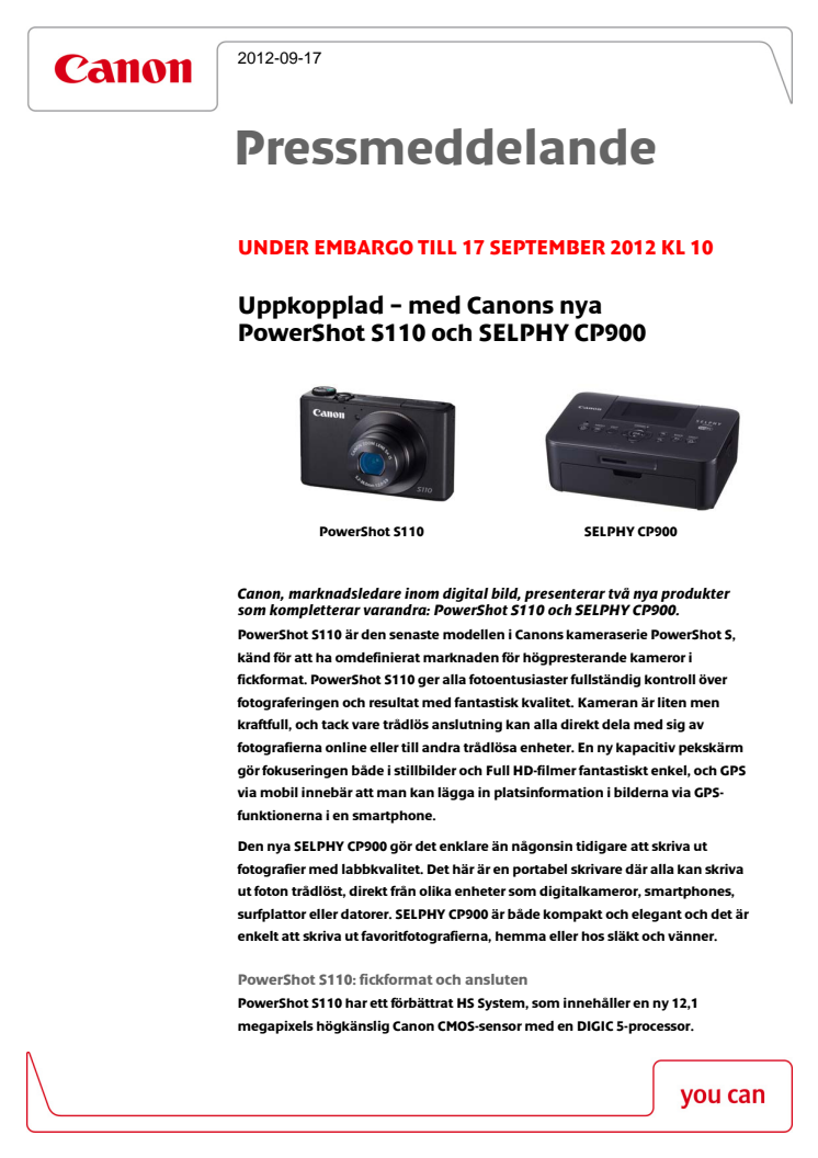 Uppkopplad – med Canons nya  PowerShot S110 och SELPHY CP900 