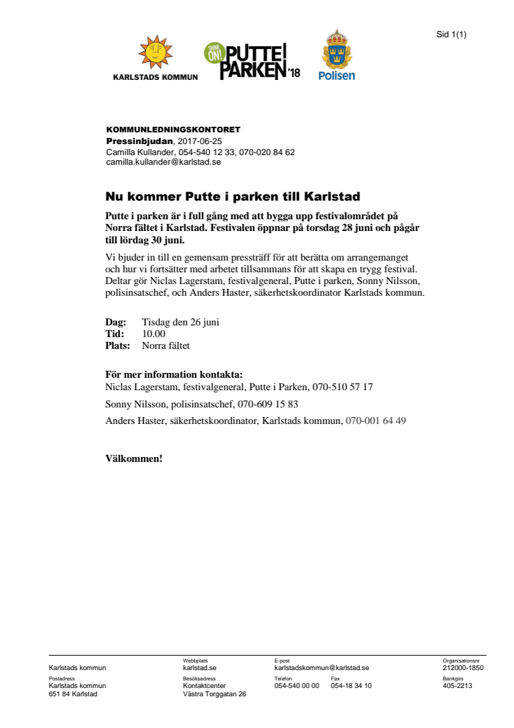 Pressinbjudan: Nu kommer Putte i parken till Karlstad