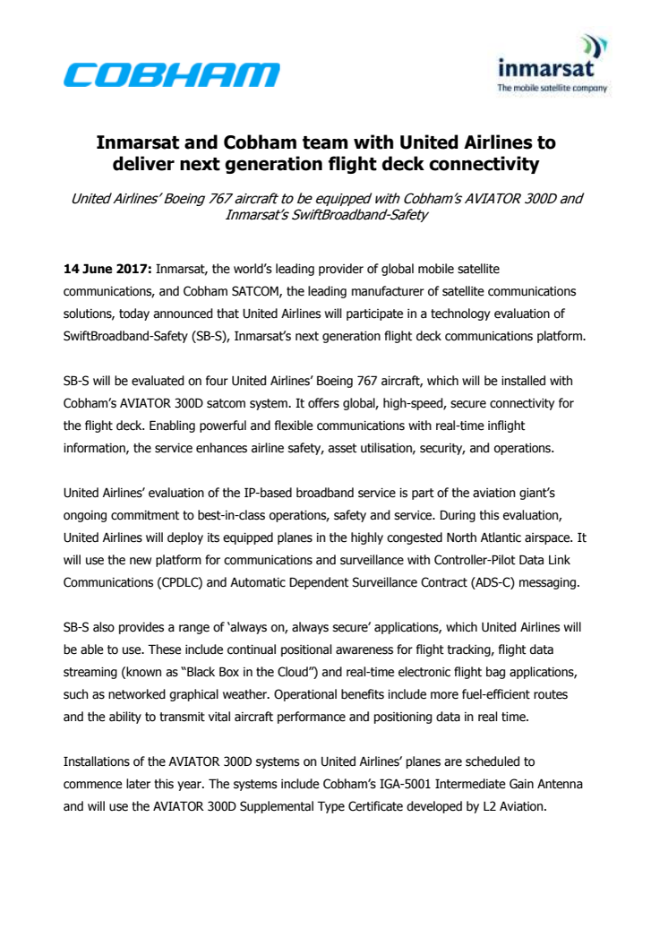 Inmarsat and Cobham team with United Airlines to deliver next generation flight deck connectivity