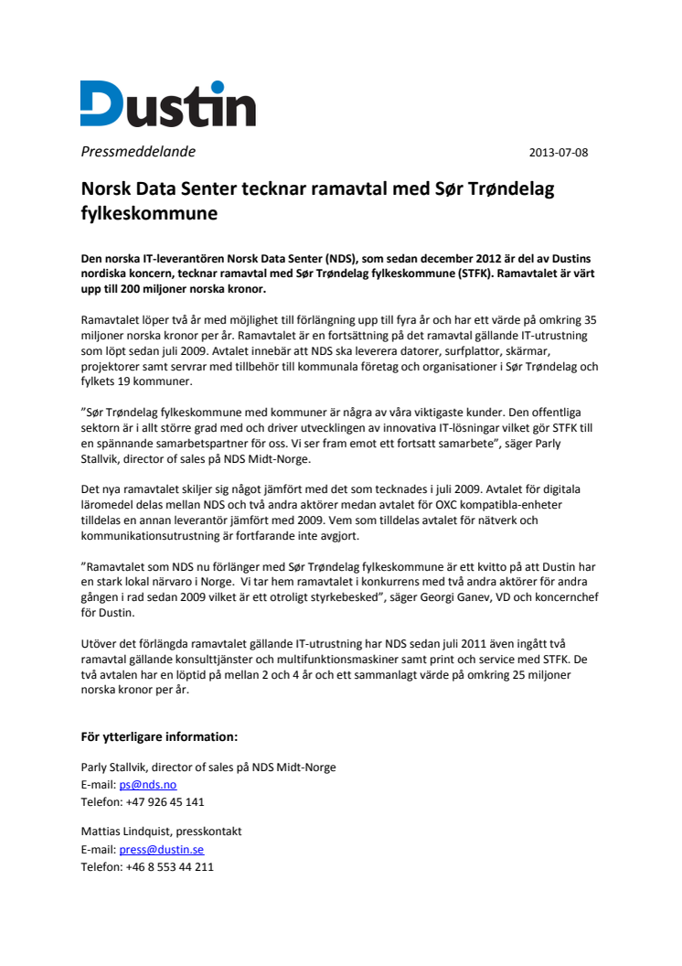 Norsk Data Senter tecknar ramavtal med Sør Trøndelag fylkeskommune 