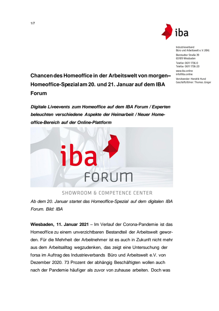Chancen des Homeoffice in der Arbeitswelt von morgen– Homeoffice-Spezial am 20. und 21. Januar auf dem IBA Forum