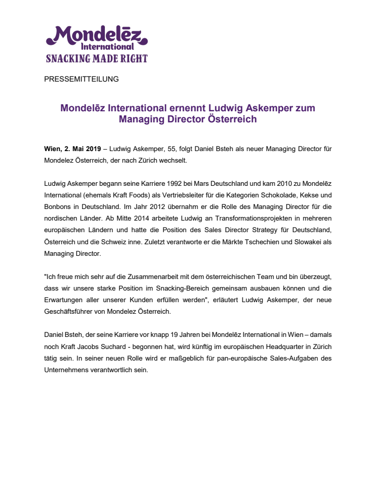 Mondelēz International ernennt Ludwig Askemper zum Managing Director Österreich