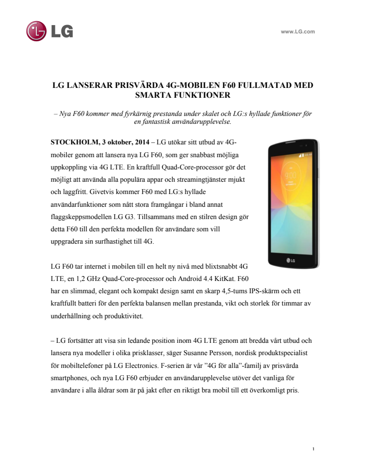 LG LANSERAR PRISVÄRDA 4G-MOBILEN F60 FULLMATAD MED SMARTA FUNKTIONER