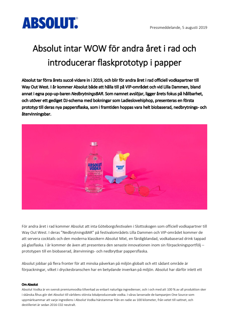 Absolut intar WOW för andra året i rad och introducerar flaskprototyp i papper