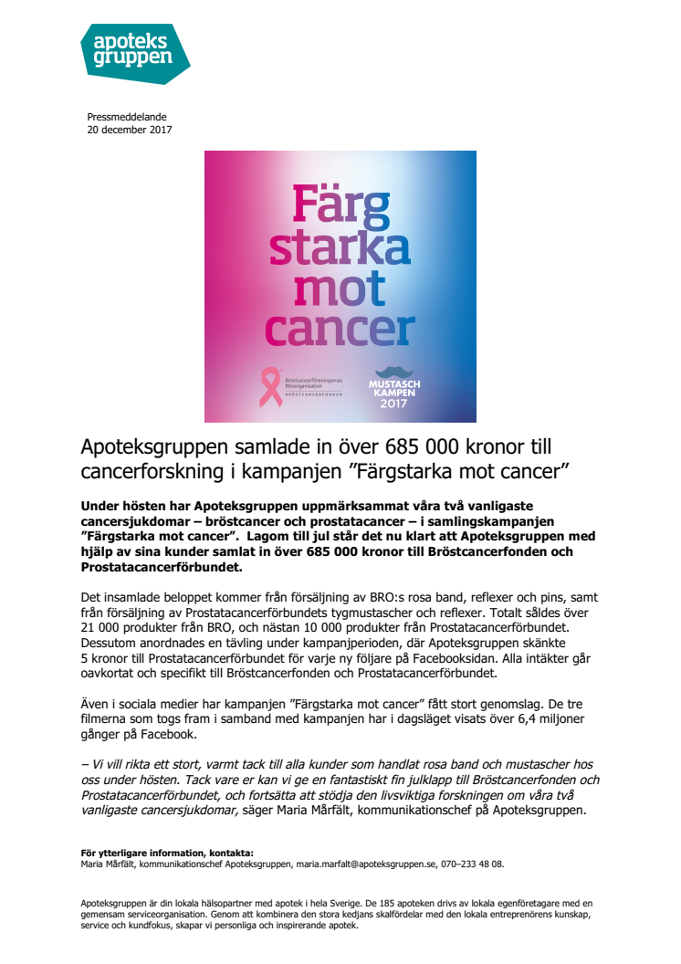 Apoteksgruppen samlade in över 685 000 kronor till cancerforskning i kampanjen ”Färgstarka mot cancer”