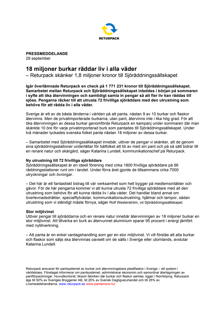 18 miljoner burkar räddar liv i alla väder – Returpack skänker 1,8 miljoner kronor till Sjöräddningssällskapet