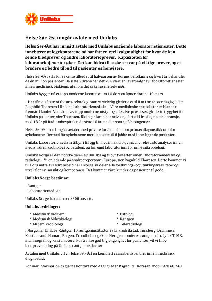 Helse Sør-Øst inngår avtale med Unilabs