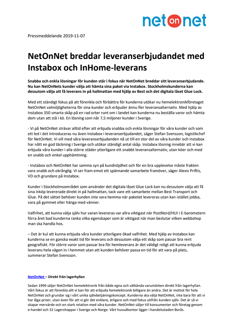 NetOnNet breddar leveranserbjudandet med Instabox och InHome-leverans