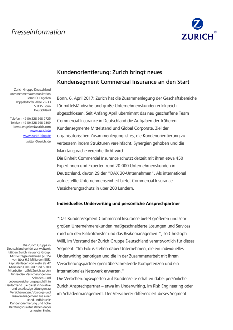 Kundenorientierung: Zurich bringt neues Kundensegment Commercial Insurance an den Start 