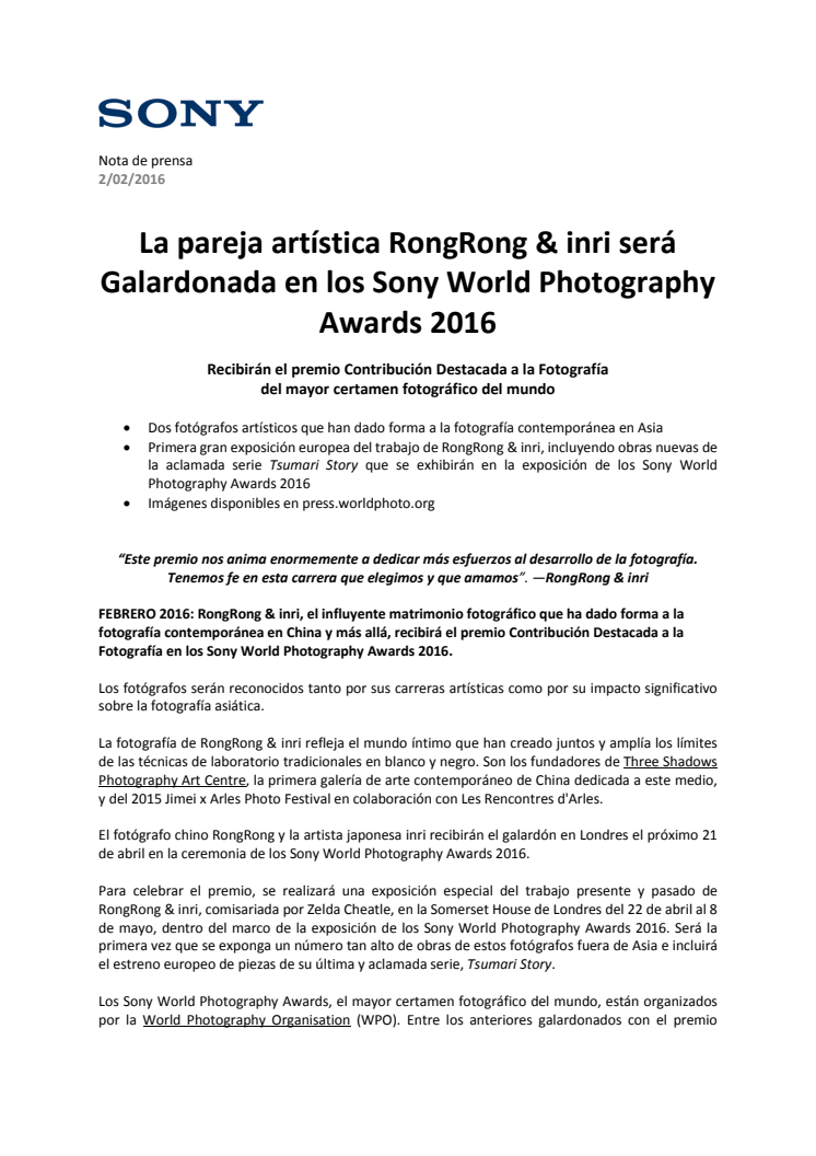 La pareja artística RongRong & inri será Galardonada en los Sony World Photography Awards 2016