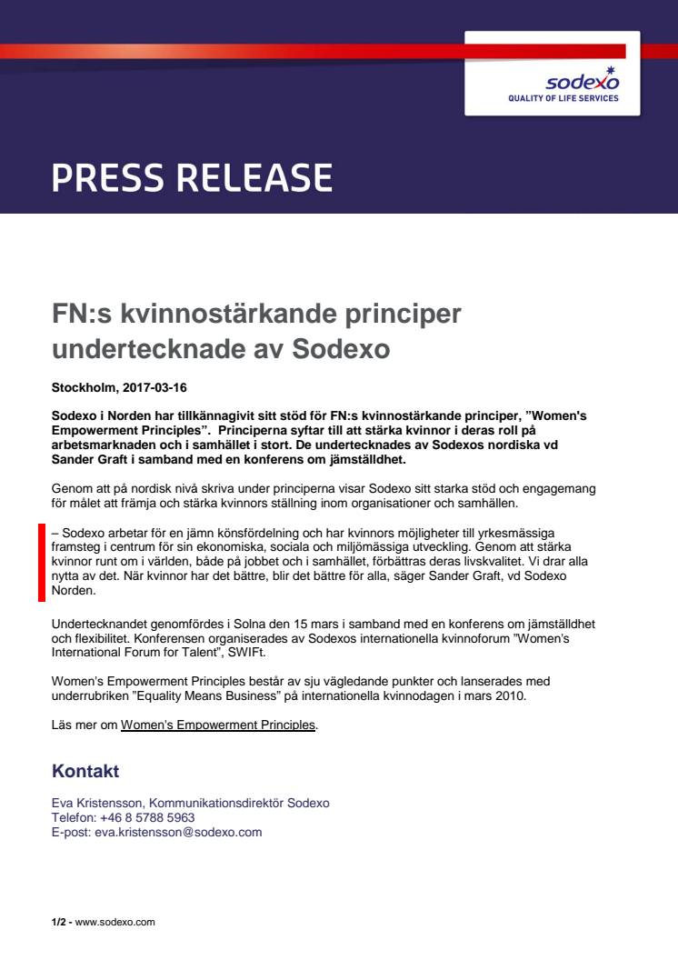 FN:s kvinnostärkande principer undertecknade av Sodexo