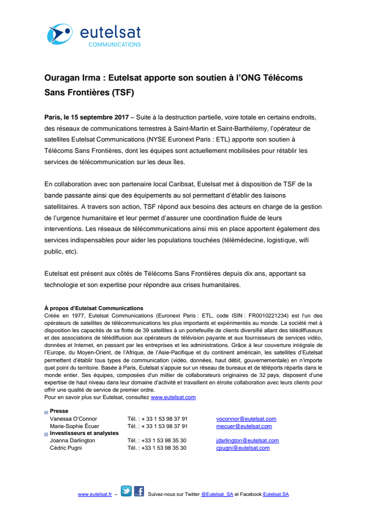 Ouragan Irma : Eutelsat apporte son soutien à l’ONG Télécoms Sans Frontières (TSF) 
