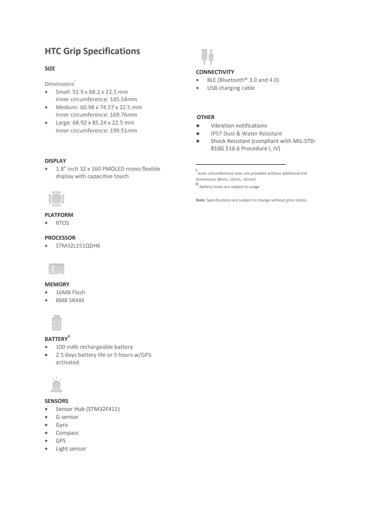 HTC Grip - Spec Sheet