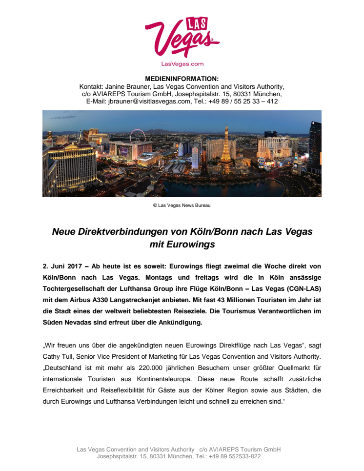 Von Köln/Bonn direkt nach Las Vegas  mit Eurowings