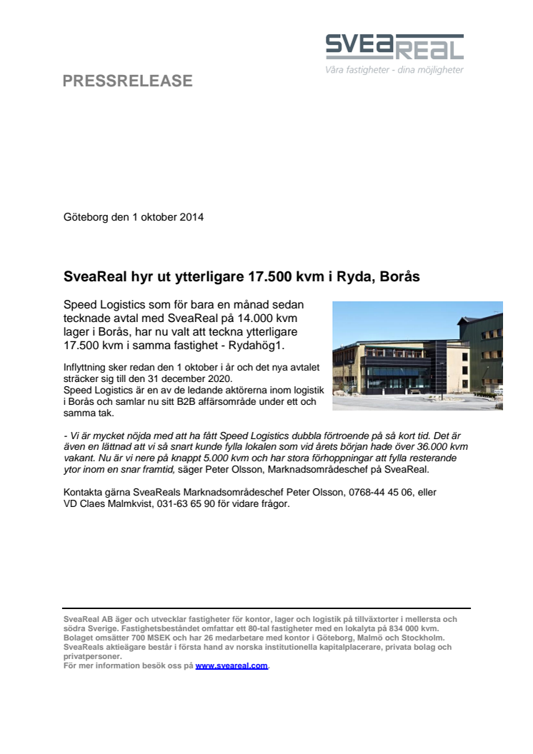 SveaReal hyr ut ytterligare 17.500 kvm i Ryda, Borås