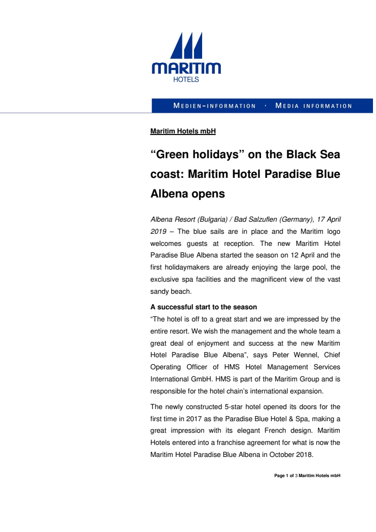 “Green holidays” on the Black Sea coast: Maritim Hotel Paradise Blue Albena opens 